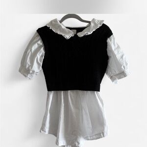 Black and White Shirt with Ruffle Collar